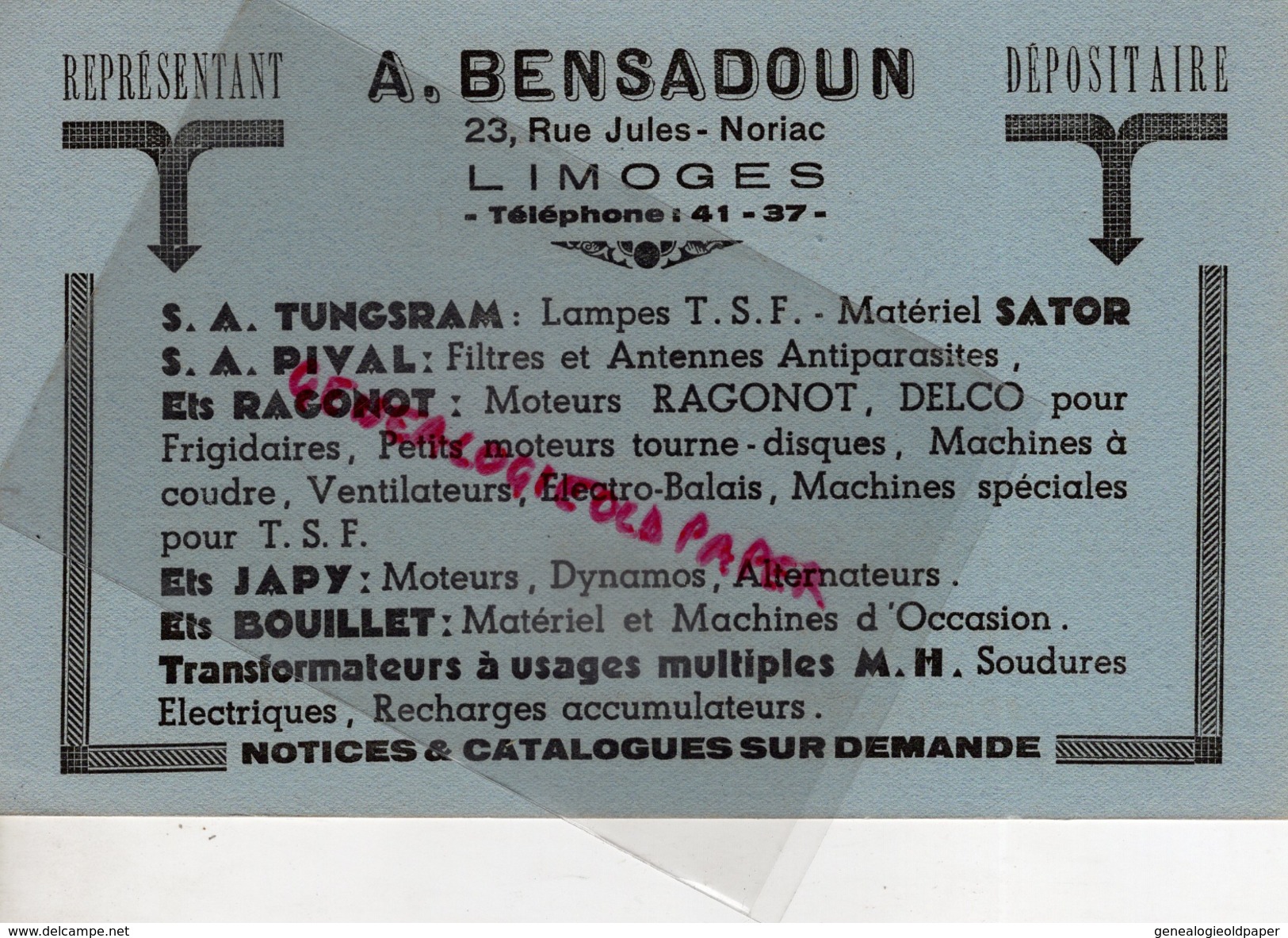 87 - LIMOGES - BUVARD A. BENSADOUN-23 RUE JULES NORIAC- BOBINAGES INDUSTRIELS-TSF- SATOR-TUNGSRAM-RAGONOT-DELCO-JAPY - Automobile