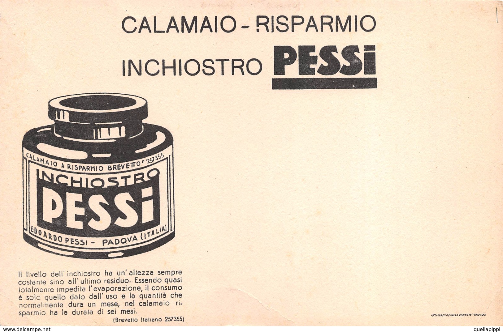 05454 "INCHIOSTRO - EDOARDO PESSI - PADOVA - CALAMAIO-RISPARMIO - BREVETTO 257355"  CARTA ASSORBENTE - I