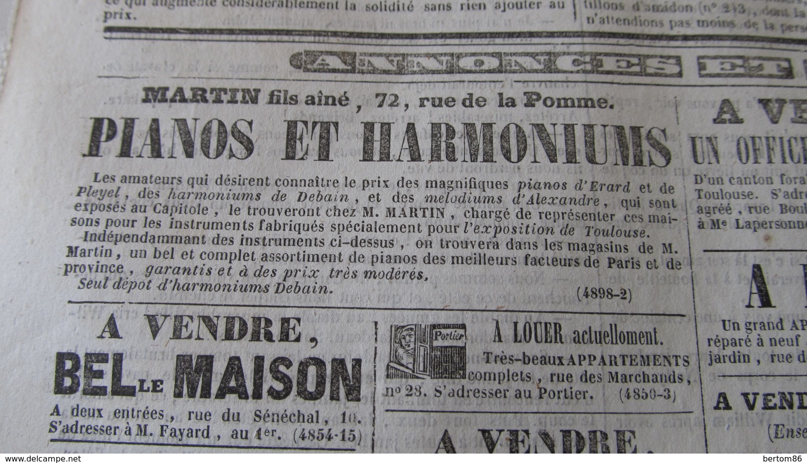 PIANOS ERARD ET PLEYEL / HARMONIUMS DEBAIN / MELODIUMS ALEXANDRE - ANNONCE DE JUILLET 1845. ( JOURNAL DE TOULOUSE. ) - 1800 - 1849