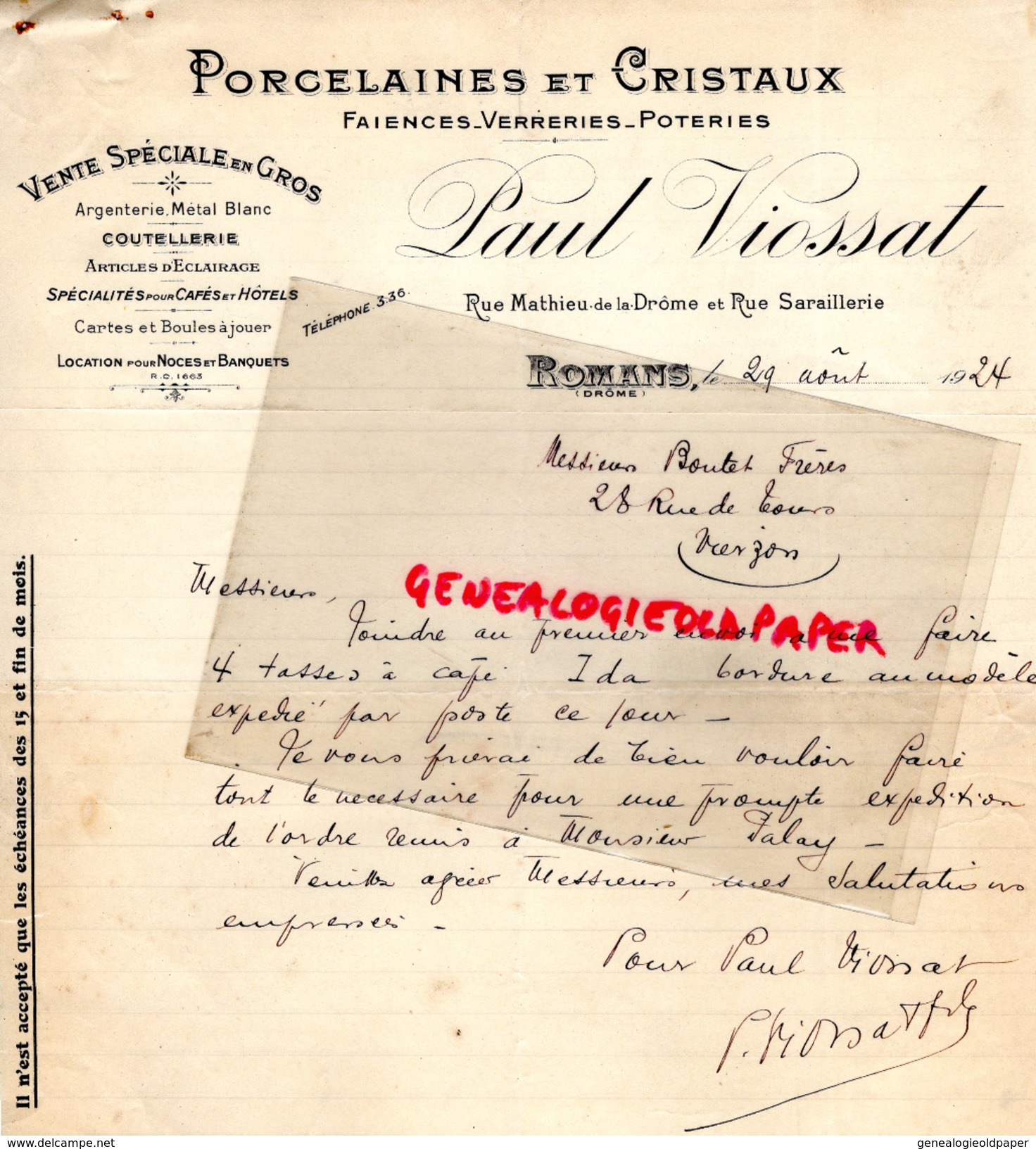 26 - ROMANS - FACTURE PAUL VIOSSAT- PORCELAINES ET CRISTAUX - FAIENCES VERRERIES-RUE MATHIEU DE LA DROME 1924 - 1900 – 1949