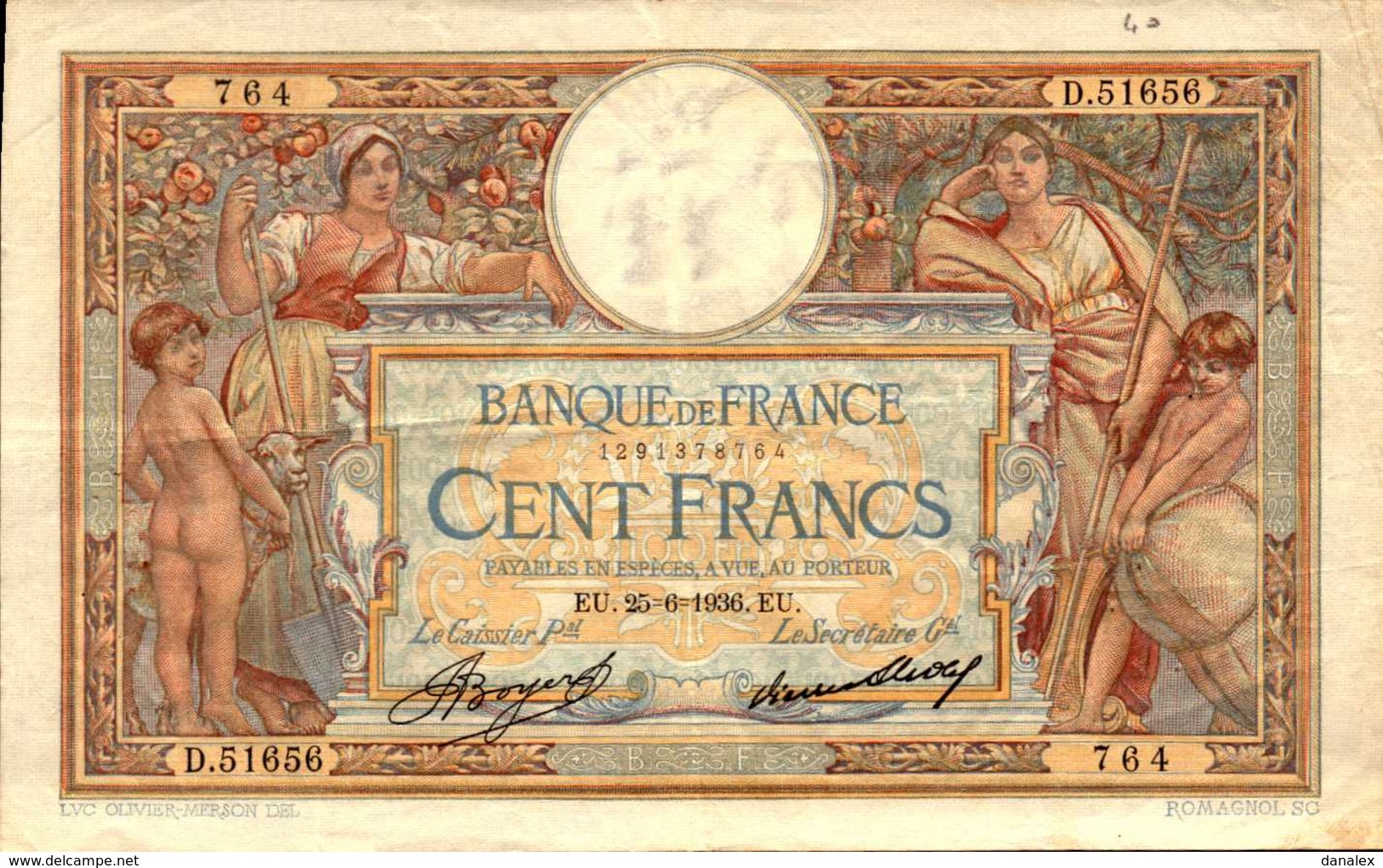 FRANCE 100 FRANCS Du 25-6-1936 L O M  Pick 78c  F 24/15 - 100 F 1908-1939 ''Luc Olivier Merson''