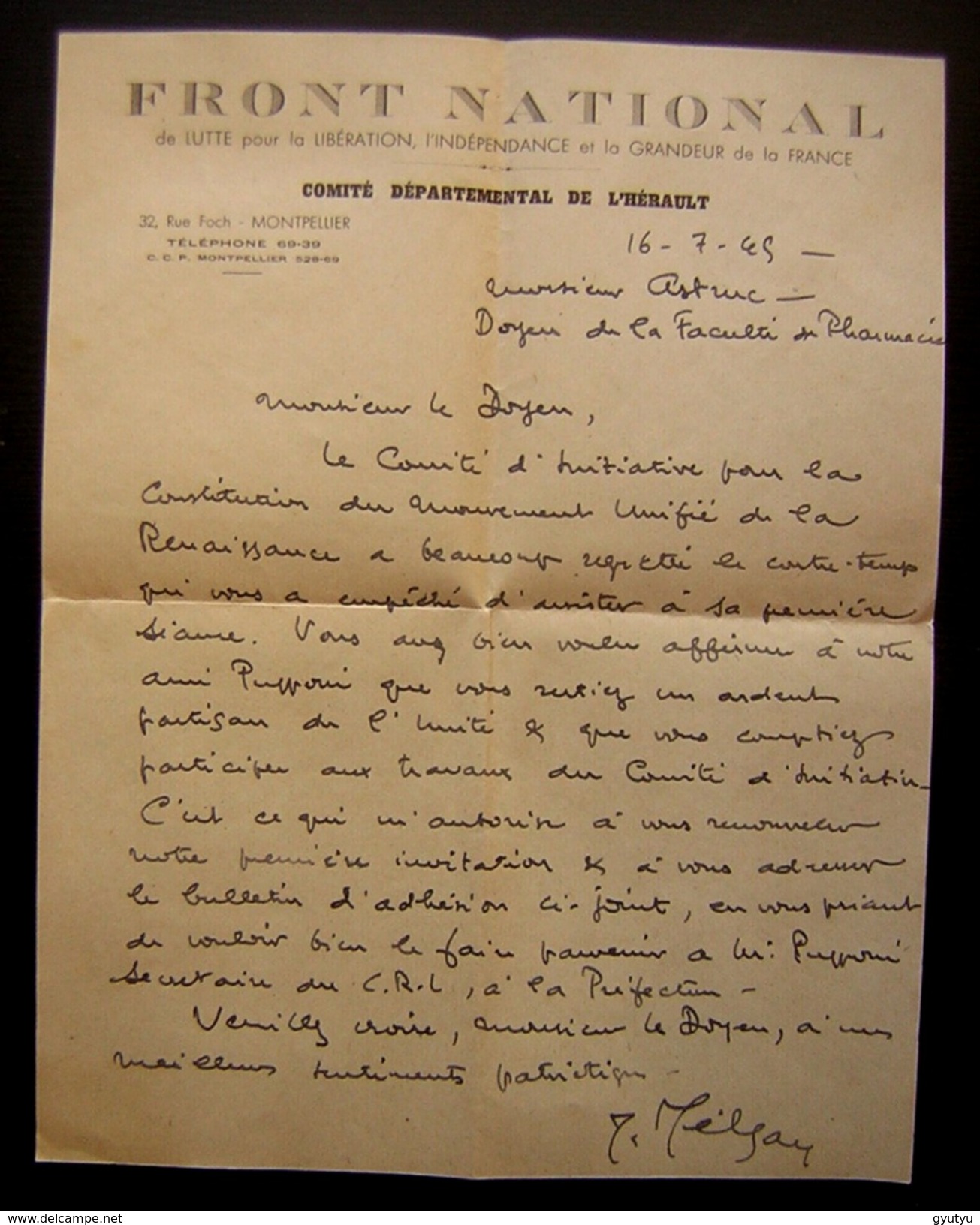 1945 Lettre Du Front National De Lutte Pour La Libération L Indépendance Et La Grandeur De La France :Mélizan (Hérault) - Documents Historiques