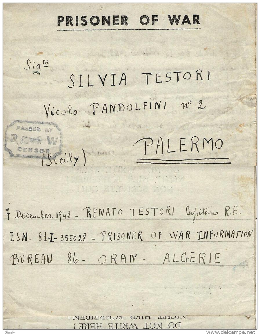 BIGLIETTO PRIGIONIERI USA POW CAMP ORANO ALGERIA 1943 X PALERMO - Posta Militare (PM)