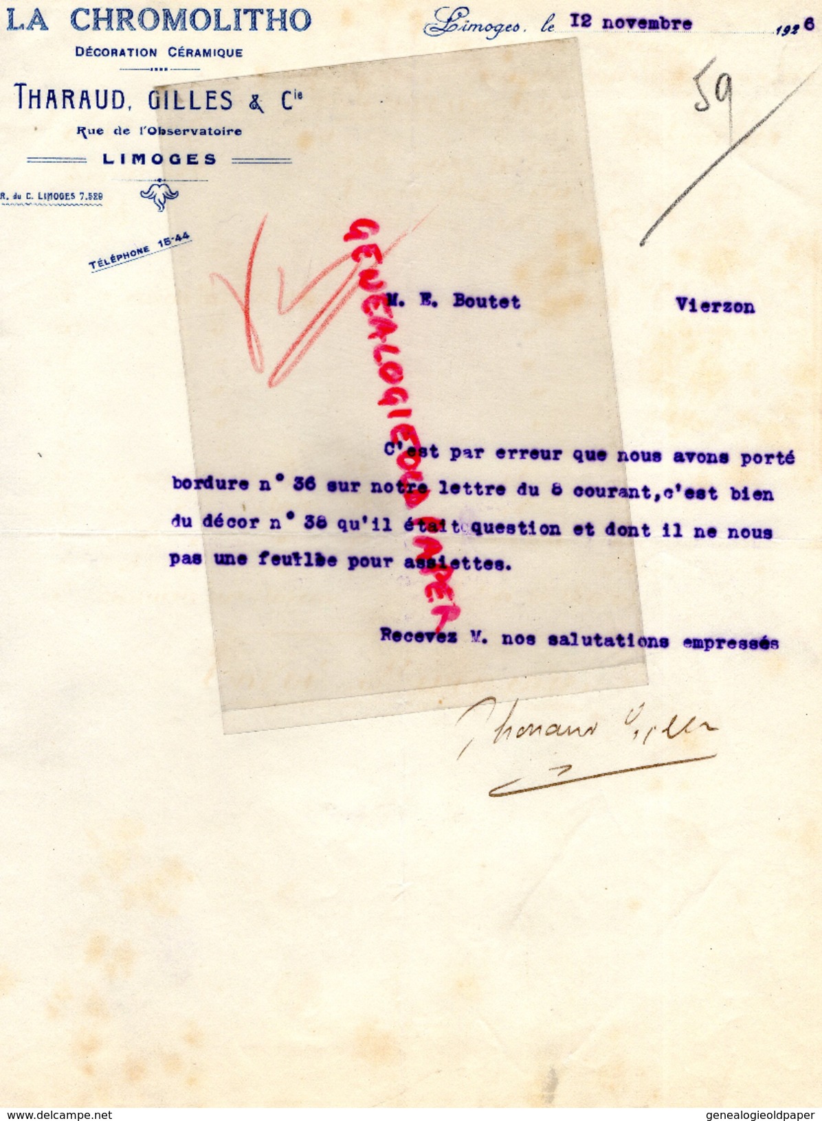 87 - LIMOGES - FACTURE LA CHROMOLITHO-DECORATION CERAMIQUE- THARAUD GILLES & CIE-RUE OBSERVATOIRE-1926 - 1900 – 1949
