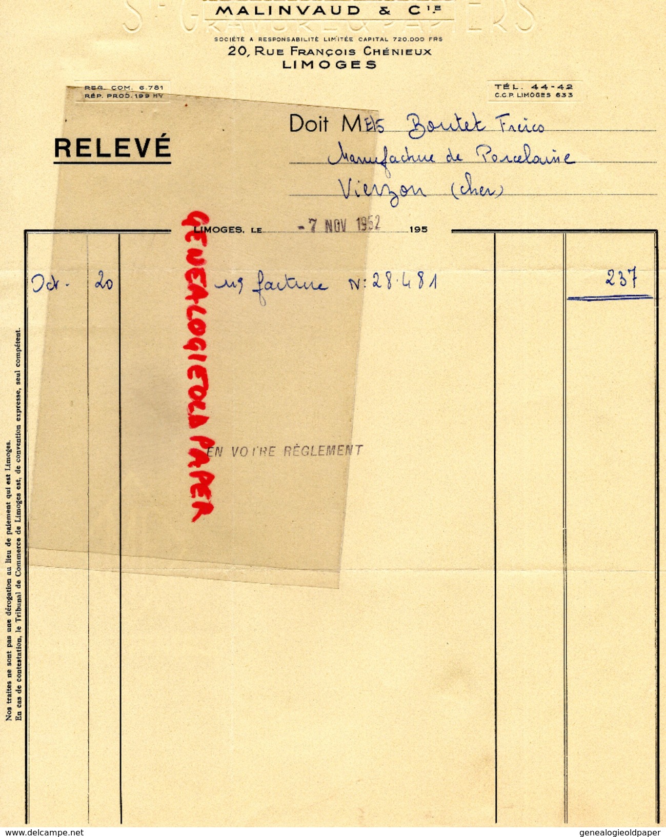 87 - LIMOGES - FACTURE MALINVAUD - IMPRIMERIE GRAVURE -20 RUE FRANCOIS CHENIEUX-1952 - Printing & Stationeries