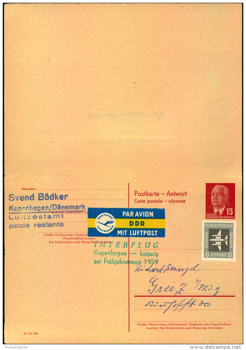 1959, Doppel-Ganzsachenkarte 15 Pfg. Pieck Mit 5 Pfg. Flugpost Ab BERLIN Nach Kopenhagen. Michel 100,- - Altri & Non Classificati