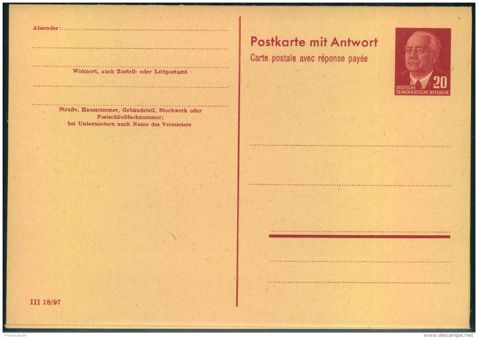 Doppelkarte 15 Pfg. Pieck (DV III 18/97) Sauber Ungebraucht. - Sonstige & Ohne Zuordnung