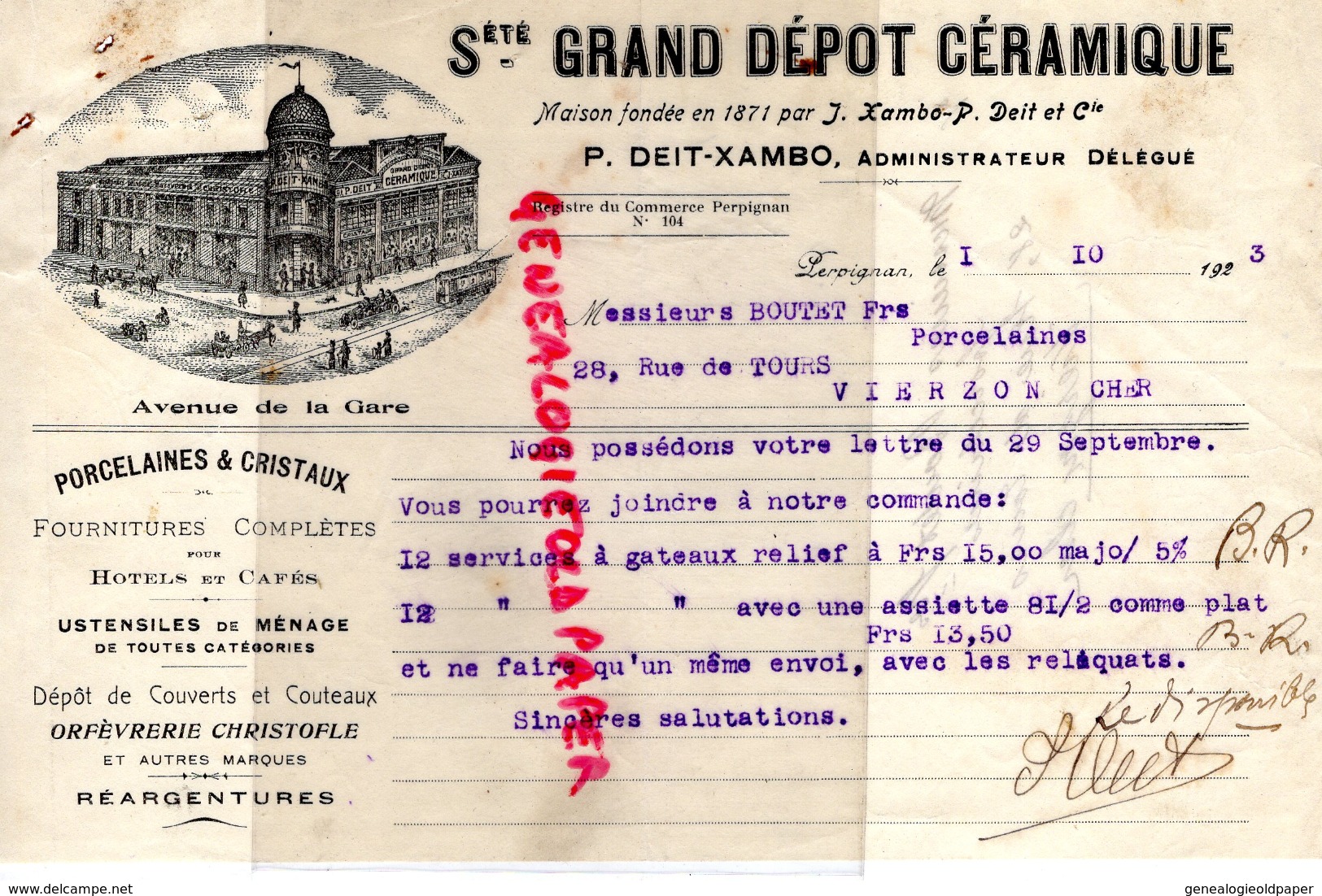 66 - PERPIGNAN - FACTURE STE GRAND DEPOT CERAMIQUE- PORCELAINE CRISTAUX- P. DEIT- XAMBO- 1923 - 1900 – 1949