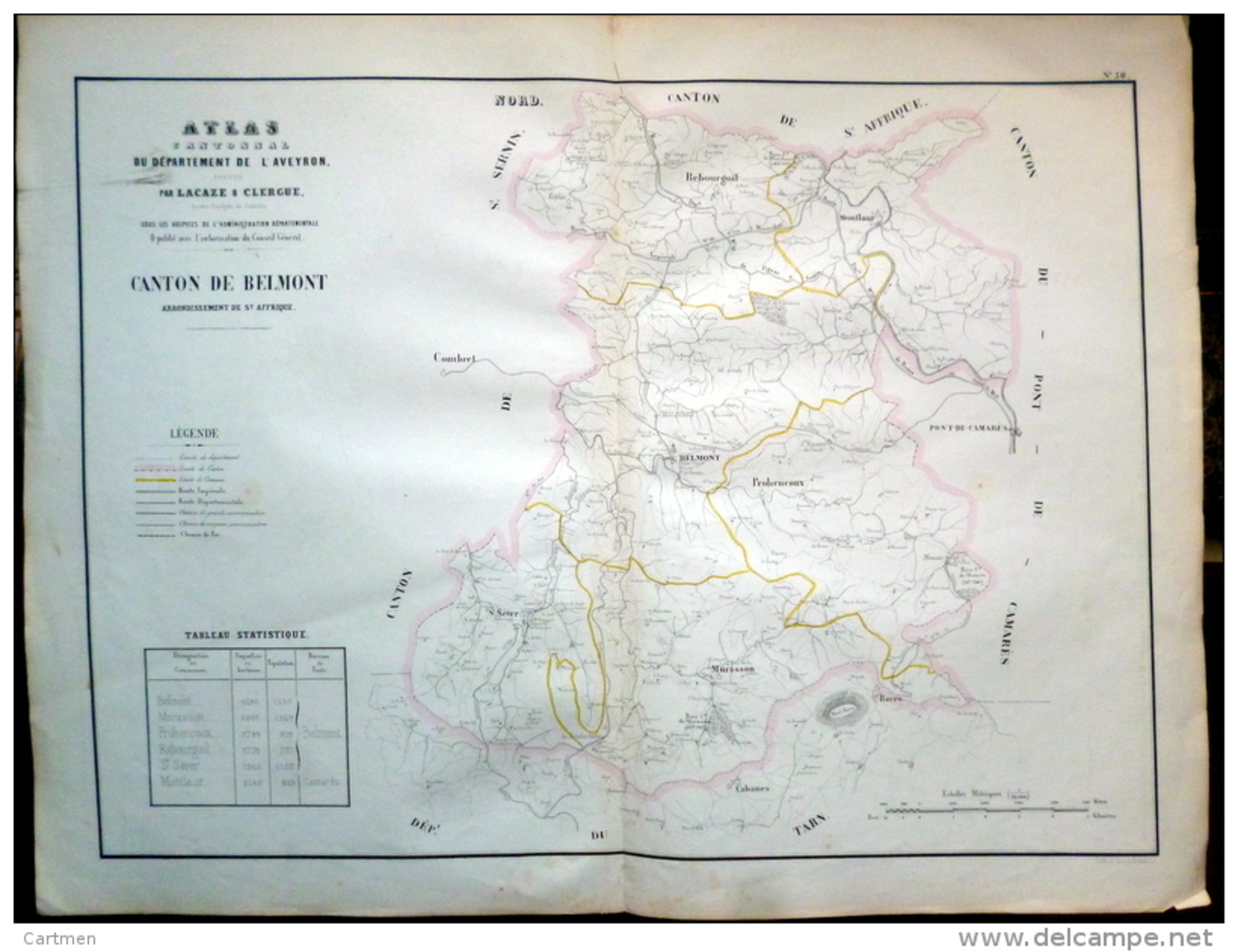 12 AVEYRON GRANDE CARTE 19° DU CANTON DE BELMONT AVEC ST SEVER MURASSON PROHENCOUX  REBOURGUIL MONTLAUR - Cartes Géographiques