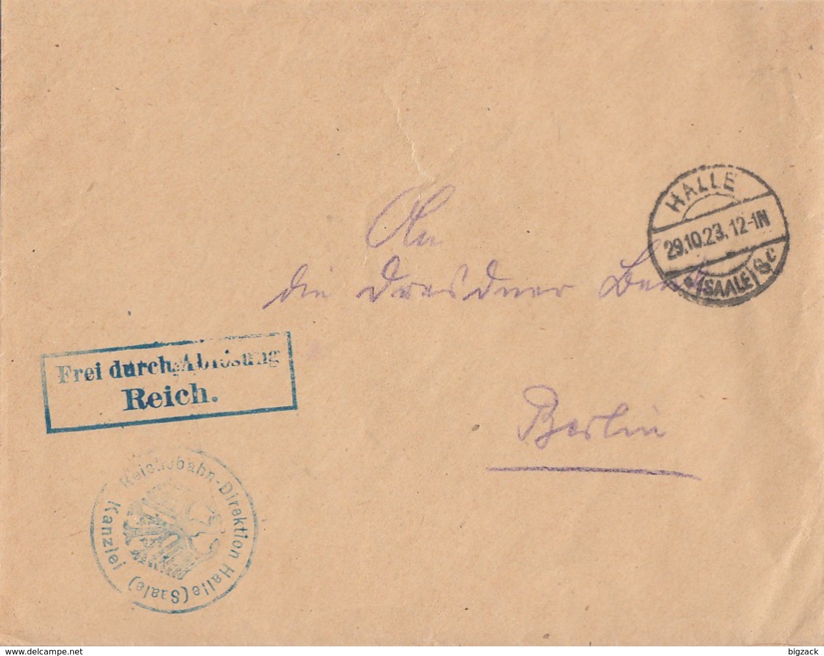 DR Brief Frei Durch Ablösung Reich Halle 29.10.23 Gel. Nach Berlin - Lettres & Documents