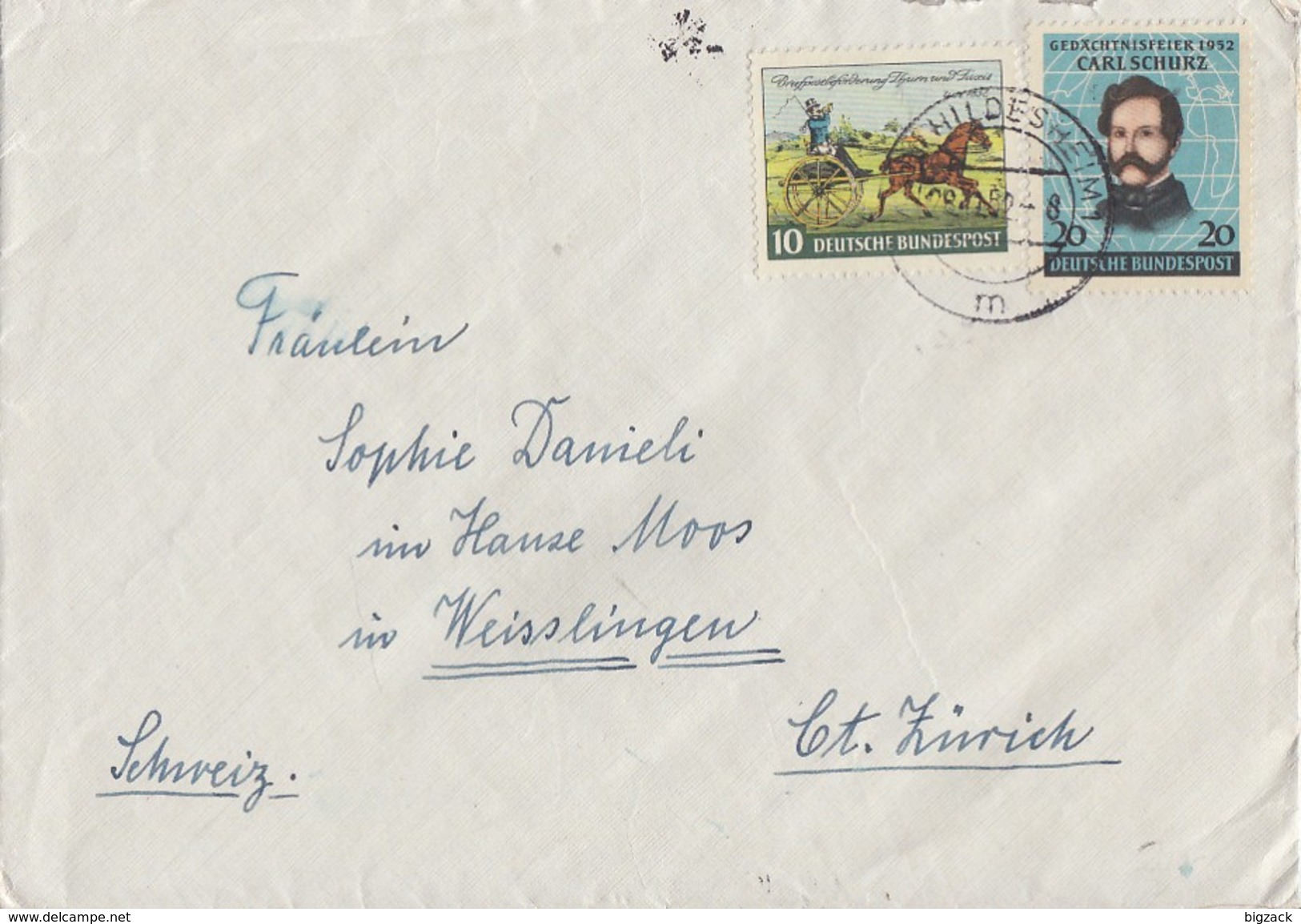 Bund Brief Mif Minr.155,160 Hildesheim 28.11.52 Gel. In Schweiz - Briefe U. Dokumente