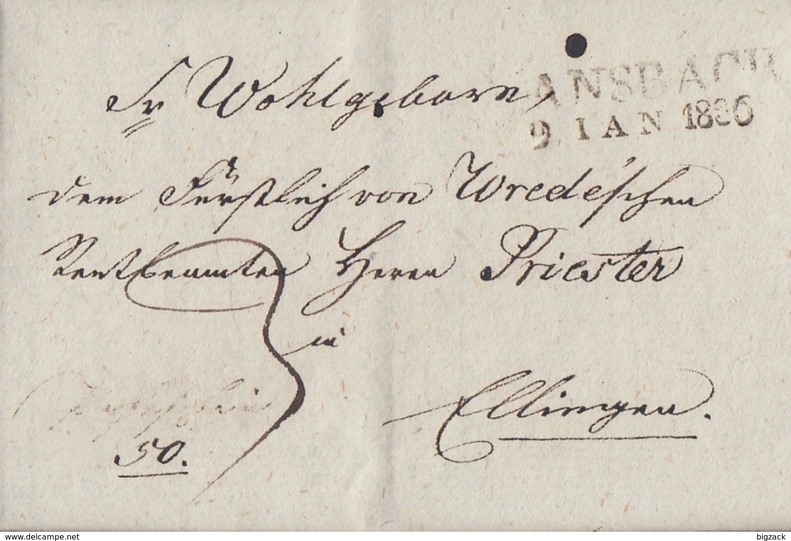 Bayern Minifaltbrief L2 Ansbach 9.1.1836 Mit Inhalt Gelaufen Nach Ellingen - Sonstige & Ohne Zuordnung