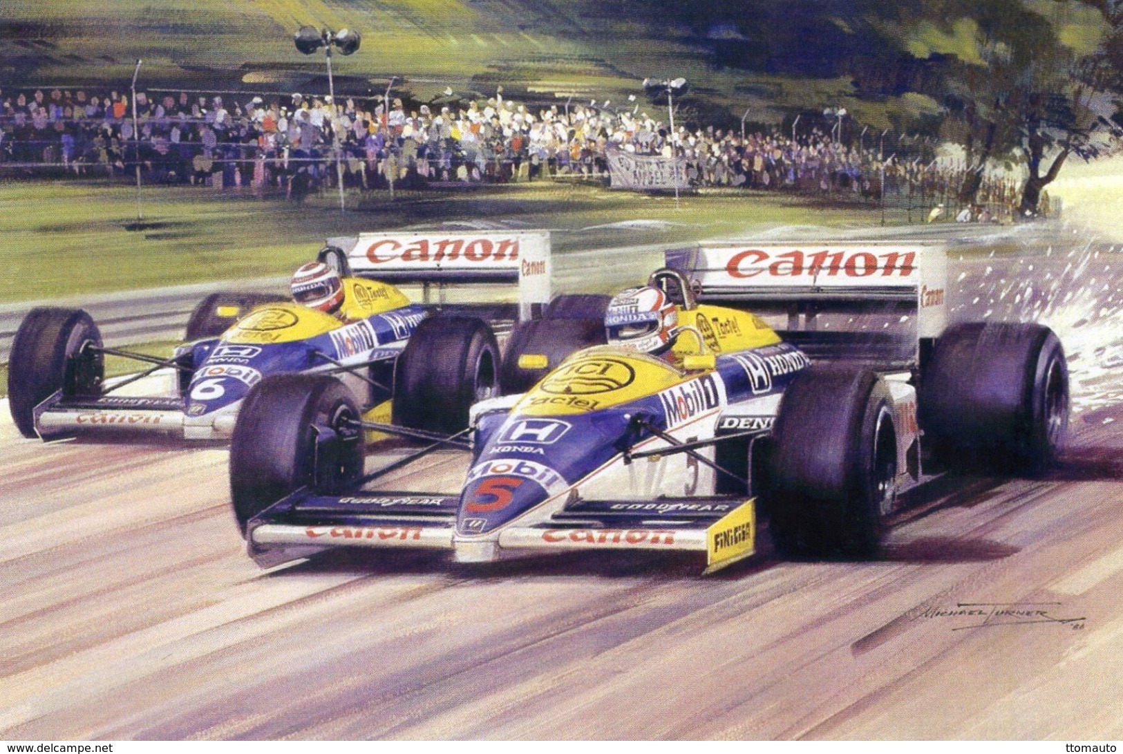 Nigel Mansell - Nelson Piquet  -  Williams-Honda  - British Grand Prix 1986  - Michael Turner Artwork -   Postcard - Grand Prix / F1