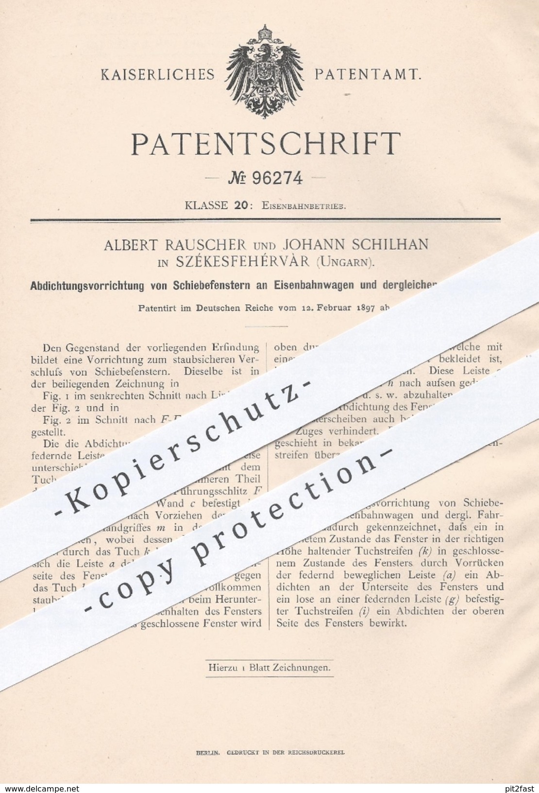 Original Patent - A. Rauscher , J. Schilhan , Székesfehérvàr , Ungarn , 1897 , Fenster , Schiebefenster An Eisenbahnen ! - Historische Dokumente