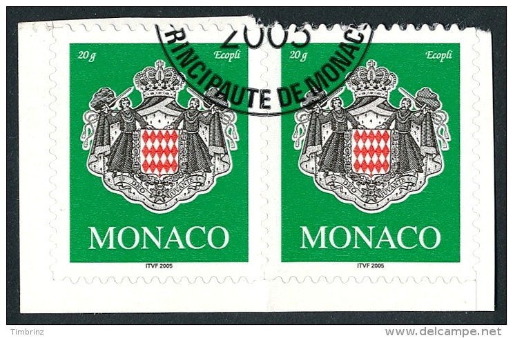 MONACO 2005 - Yv. 2502 Obl. Paire 2 Ex TB (autoadhésif Sur Son Fragment De Carnet Intact) - Armoiries  ..Réf.MON20417 - Oblitérés