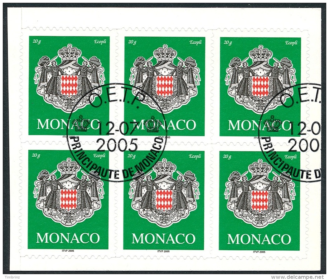 MONACO 2005 - Yv. 2502 Obl. Bloc De 6 Ex TB (autoadhésif Sur Son Fragment De Carnet Intact) - Armoiries  ..Réf.MON20418 - Used Stamps