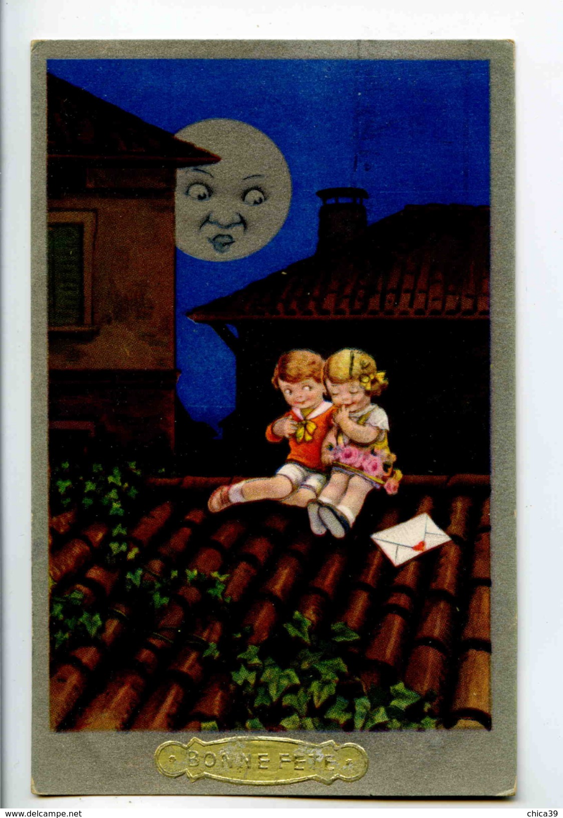 C 19239   -   Castelli  -  Petit Couple  -  Amour Au Clair De Lune Sur Les Toits  - Litho, Art Nouveau - Castelli