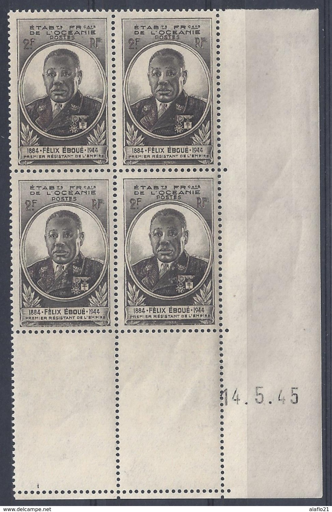 OCEANIE N° 180 - Bloc De 4 COIN DATE - GOUVERNEUR EBOUE - NEUF SANS CHARNIERE - 1945 Gouverneur-Général Félix Éboué