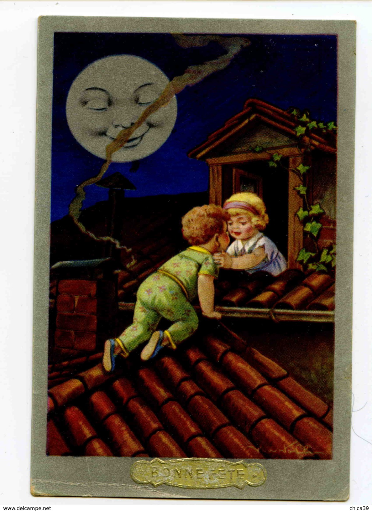 C 19240   -   Castelli  -  Petit Couple Sur Le Toit Et Lune Bénévole  -  Litho  -  Art Nouveau - Castelli