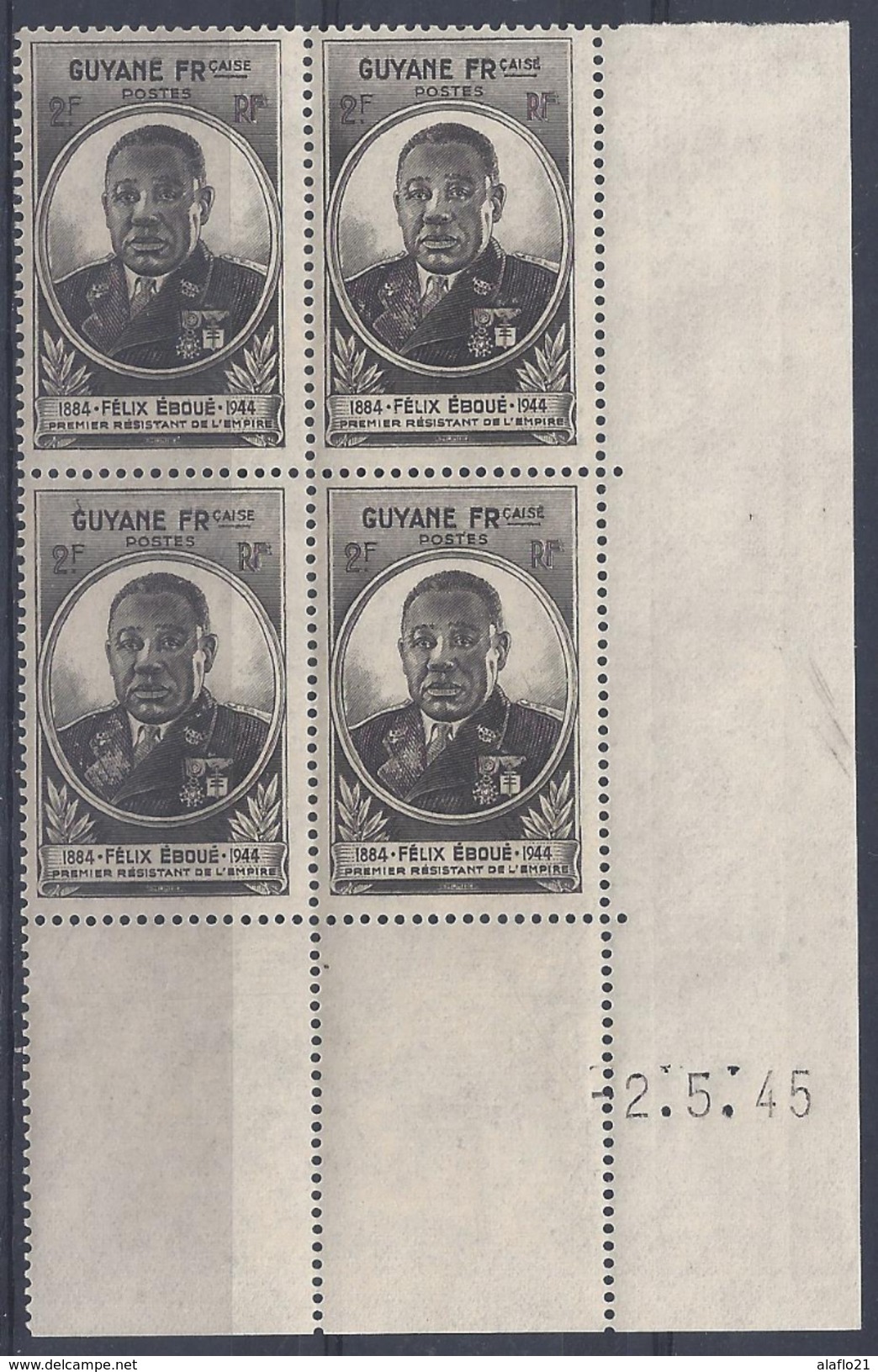 GUYANE N° 180 - Bloc De 4 COIN DATE - GOUVERNEUR EBOUE - NEUF SANS CHARNIERE - 1945 Gouverneur-Général Félix Éboué