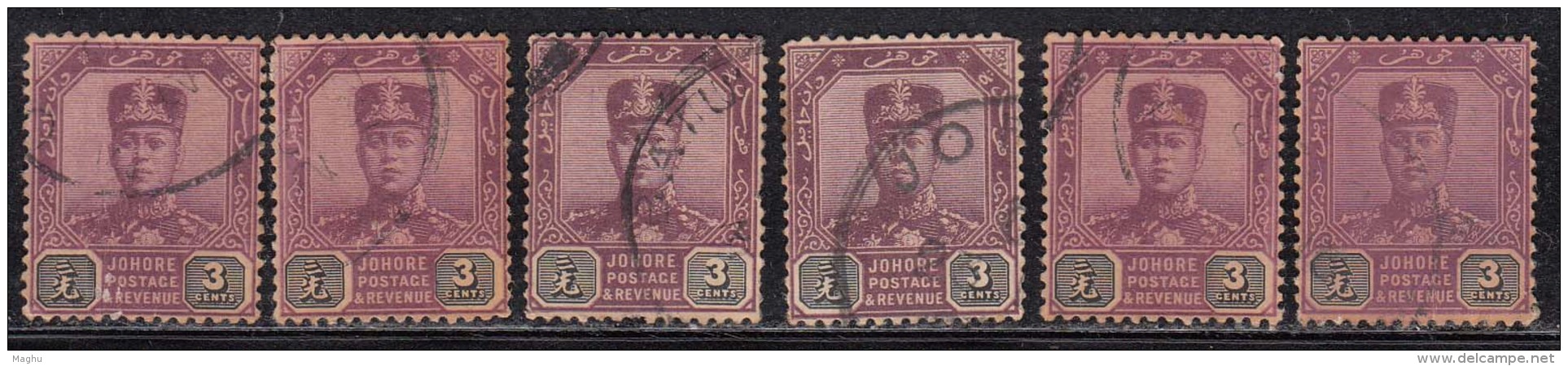 3c Shades Used Johore, 1910 Multi Rosettes, Malaya 1912 - Johore