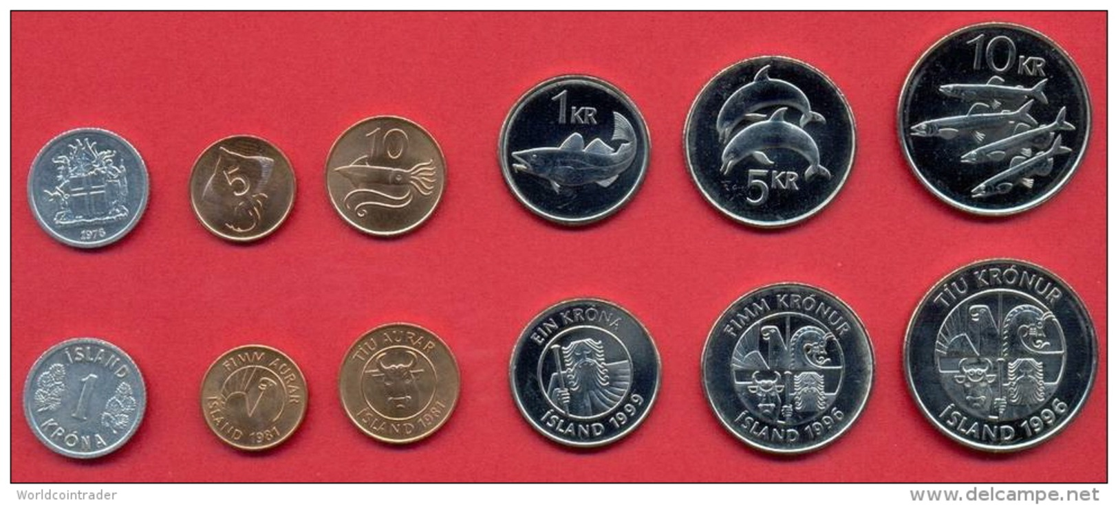 ICELAND * COINSET 6v * DIFFERENT YEARS * FISH OCTOPUS BULL * UNCIRCULATED - IJsland