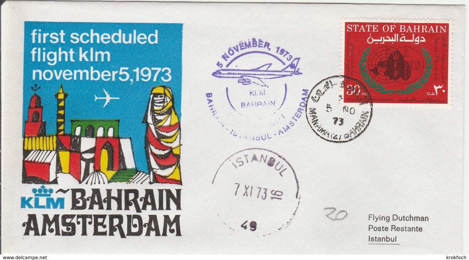 Bahrain Istanbul Turkey Turquie Amsterdam 1973 - 1er Vol KLM Erstflug Inaugural Flight - Bahreïn (1965-...)