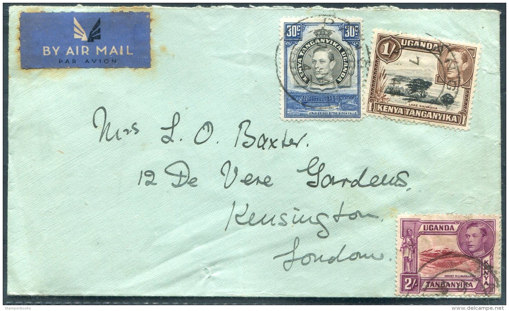 1943 K.U.T. Airmail Cover - De Vere Gardens, Kensington, London - Kenya, Uganda & Tanganyika