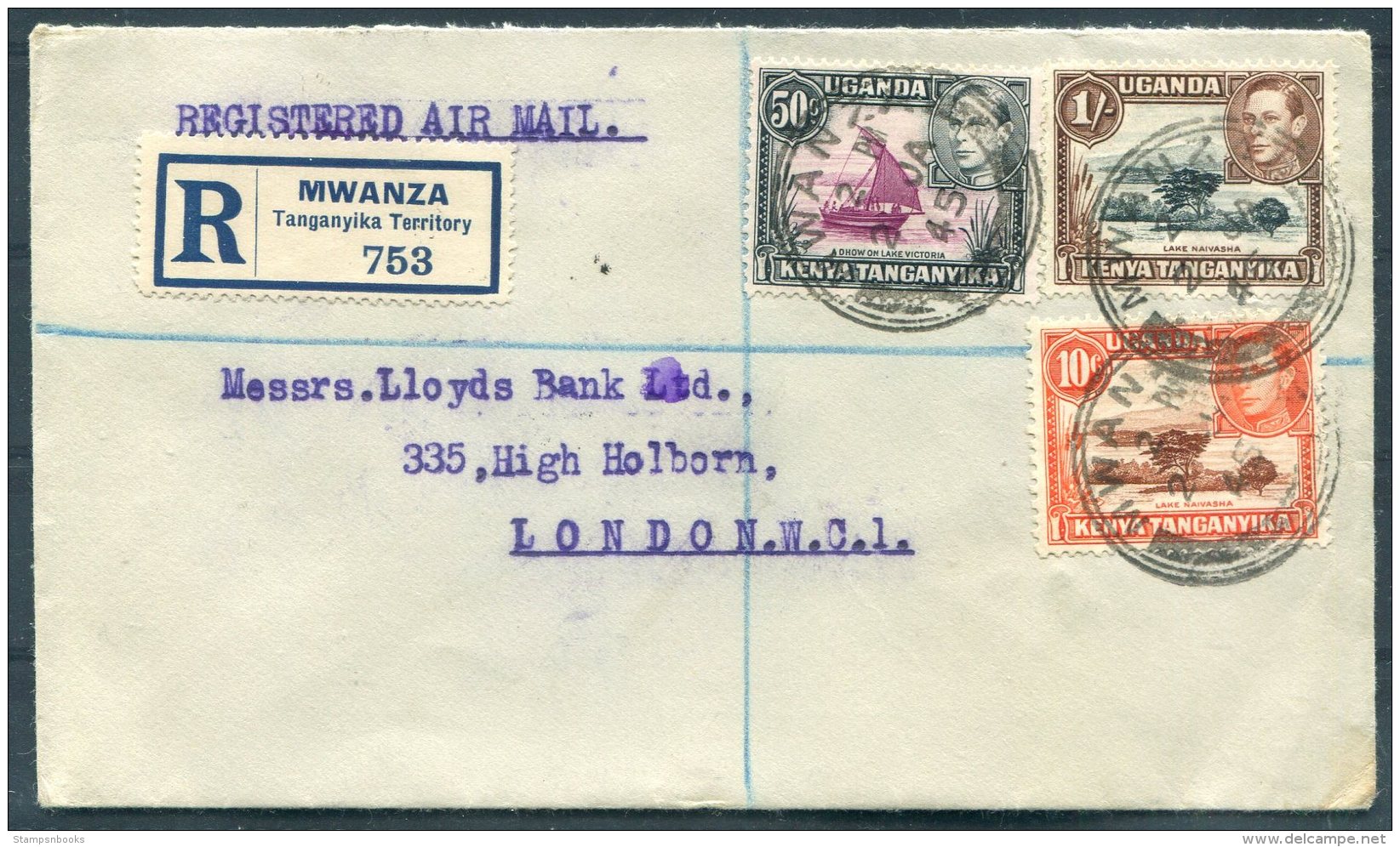 1945 K.U.T. Mwanza, Tanganyika Territory Registered National Bank Of India Airmail Cover - Lloyds Bank, London - Kenya, Uganda & Tanganyika