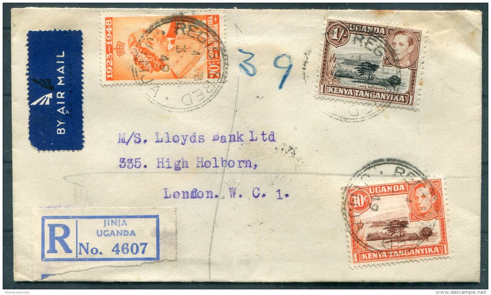 1949 K.U.T. Jinja, Uganda Registered National Bank Of India Airmail Cover - Lloyds Bank, London - Kenya, Uganda & Tanganyika