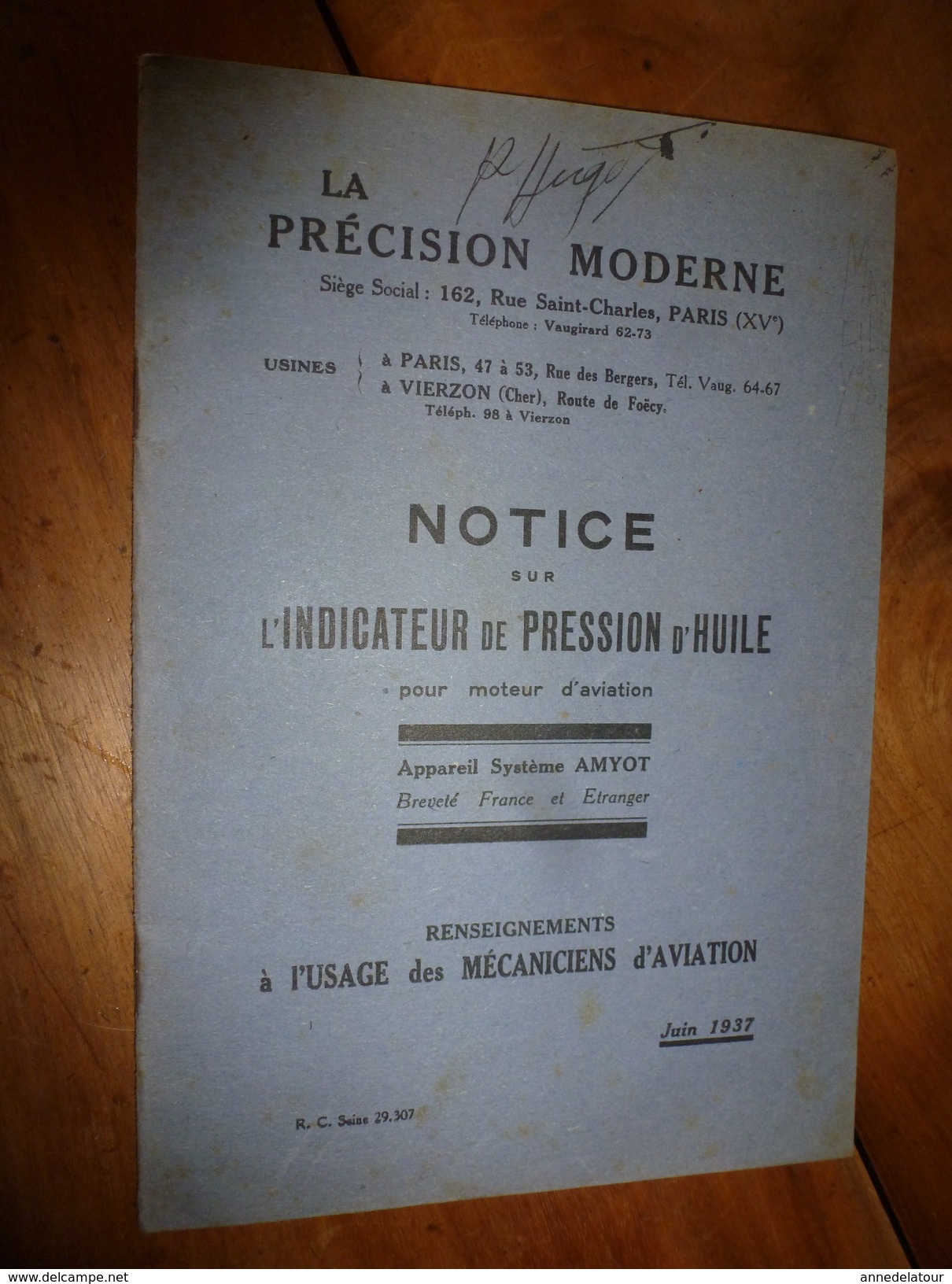 1937 Notice Indicateur De Pression D'huile AMYOT Sur Moteur D'avion, à L'usage Des Mécaniciens De L'aviation - Vliegtuig