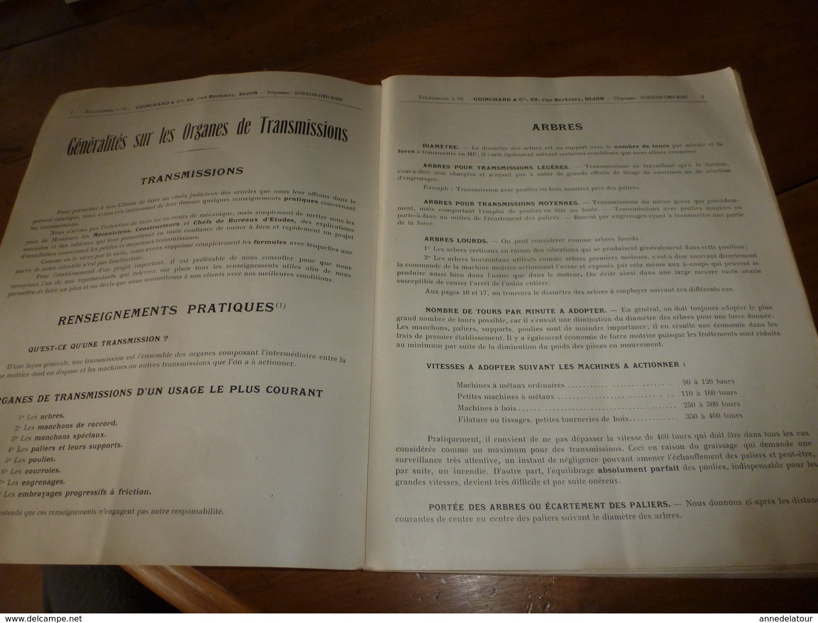 1920  GUINCHARD & Cie à Dijon :Catalogue N° 3 Organes De Transmission,Machines-Outils,Poulies Arbres Verticaux Et Horiz. - 1900 – 1949