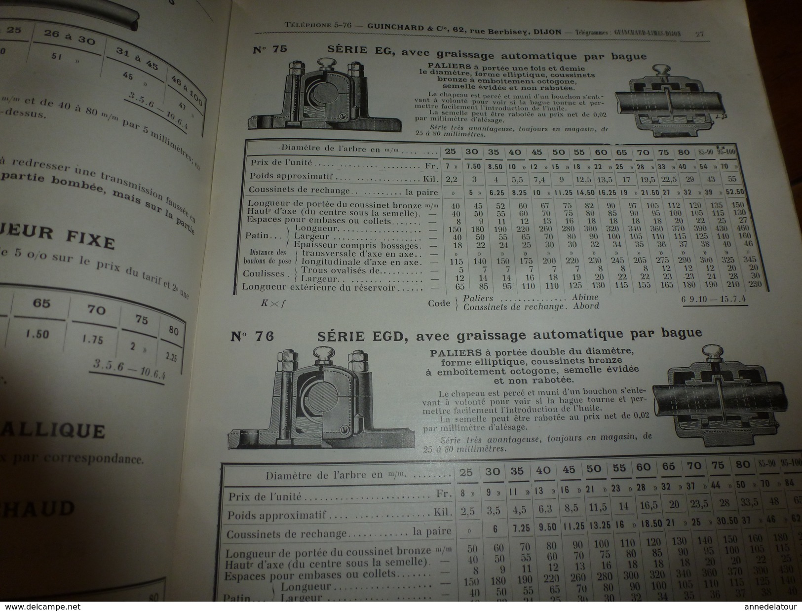 1920  GUINCHARD & Cie à Dijon :Catalogue N° 3 Organes de Transmission,Machines-Outils,Poulies Arbres verticaux et horiz.