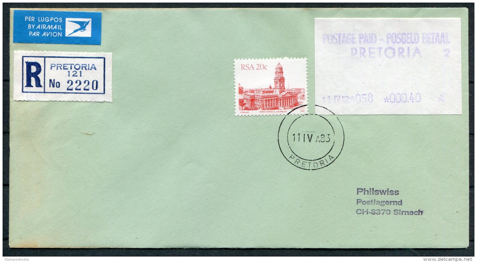 1983 South Africa Automatenmarke 2 X Postage Prepaid / Posgeld Betaal Pretoria Airmail Covers (1 Registered) - Viñetas De Franqueo (Frama)