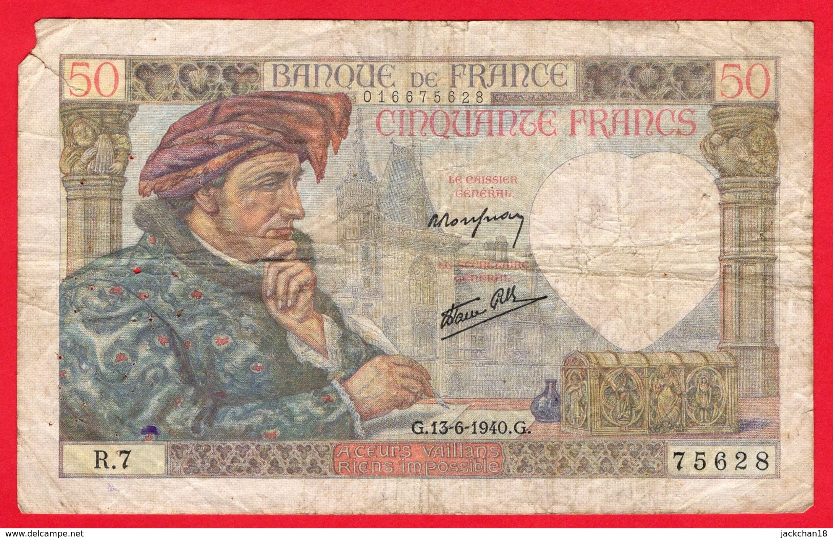 -- BILLET CINQUANTE FRANCS "JACQUES COEUR " - G .13- 6- 1940 . G . - 50 F 1940-1942 ''Jacques Coeur''