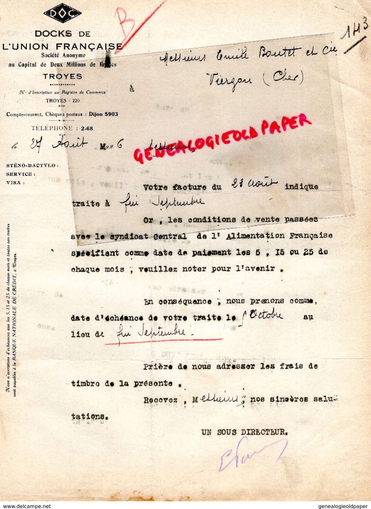 10 - TROYES - FACTURE DOCKS DE L' UNION FRANCAISE- 1926 - 1900 – 1949