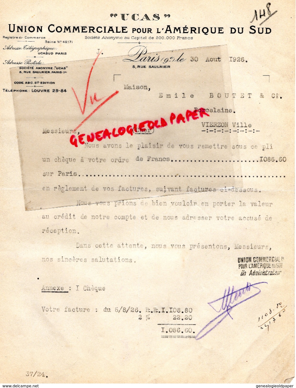 75- PARIS- FACTURE UCAS- UNION COMMERCIALE POR AMERIQUE DU SUD- 5 RUE SAULNIER-1926 - 1900 – 1949