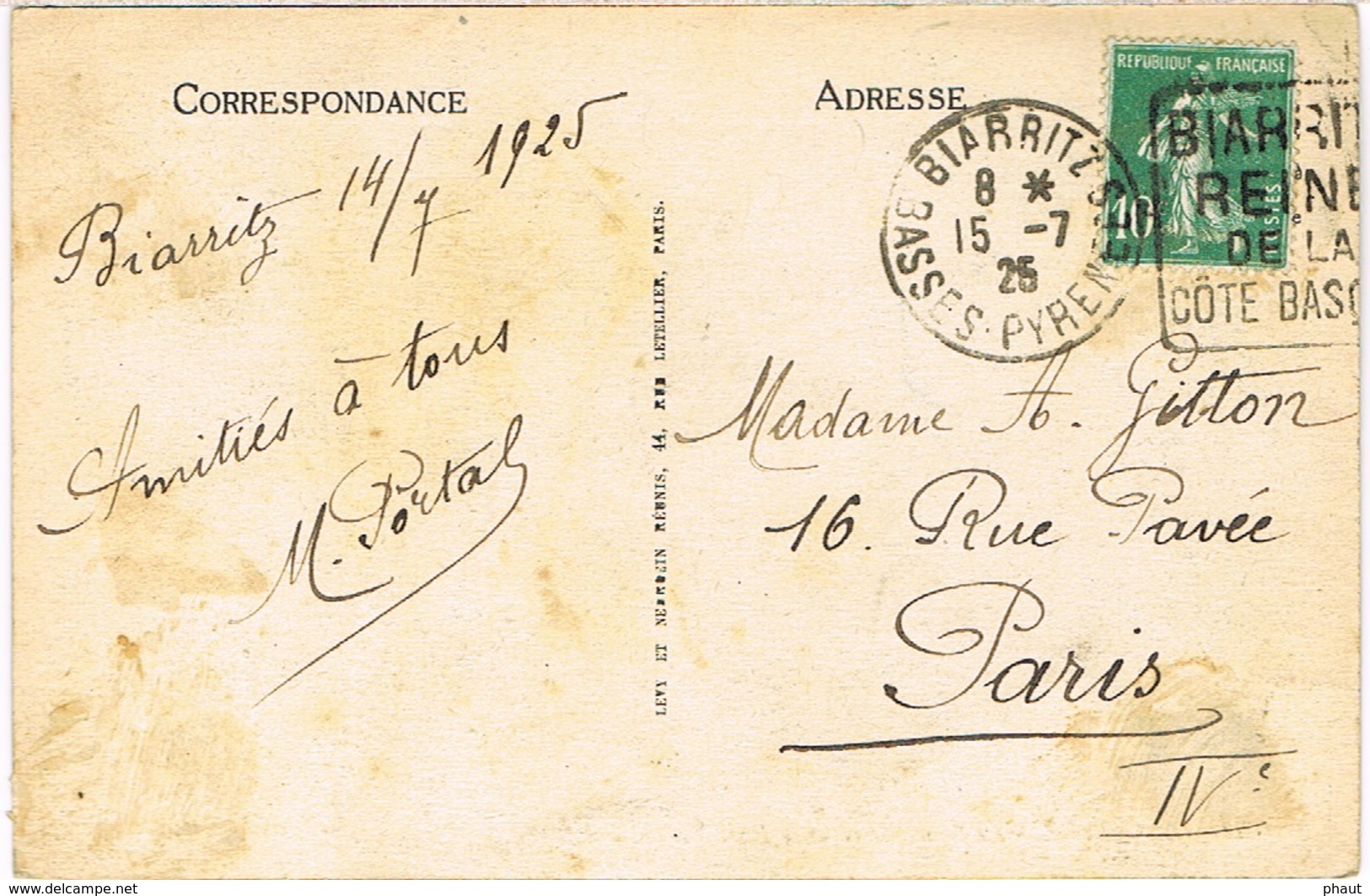 DERNIER JOUR D'USAGE DU 159 SEMEUSE SUR CPA TARIF IMPRIME 15 07 1925 DAGUIN BIARRITZ - 1921-1960: Modern Period