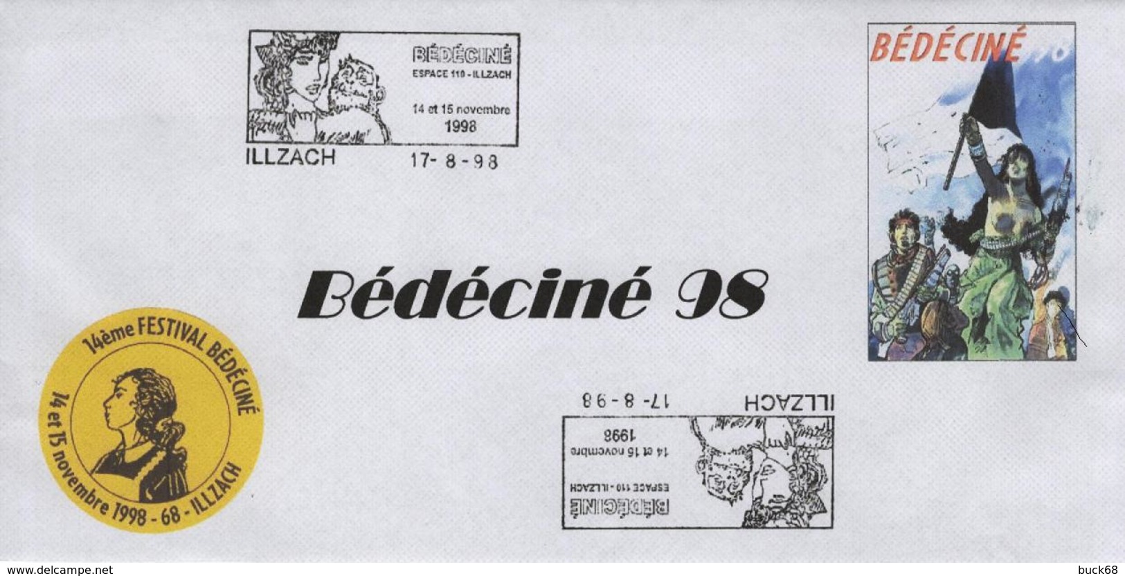 BEDECINE 1998 ILLZACH & BEHE Enveloppe + Cachet Temporaire + Rappel + Flamme + Badge Imprimé Comics Strip Bédé Cartoon - Bandes Dessinées