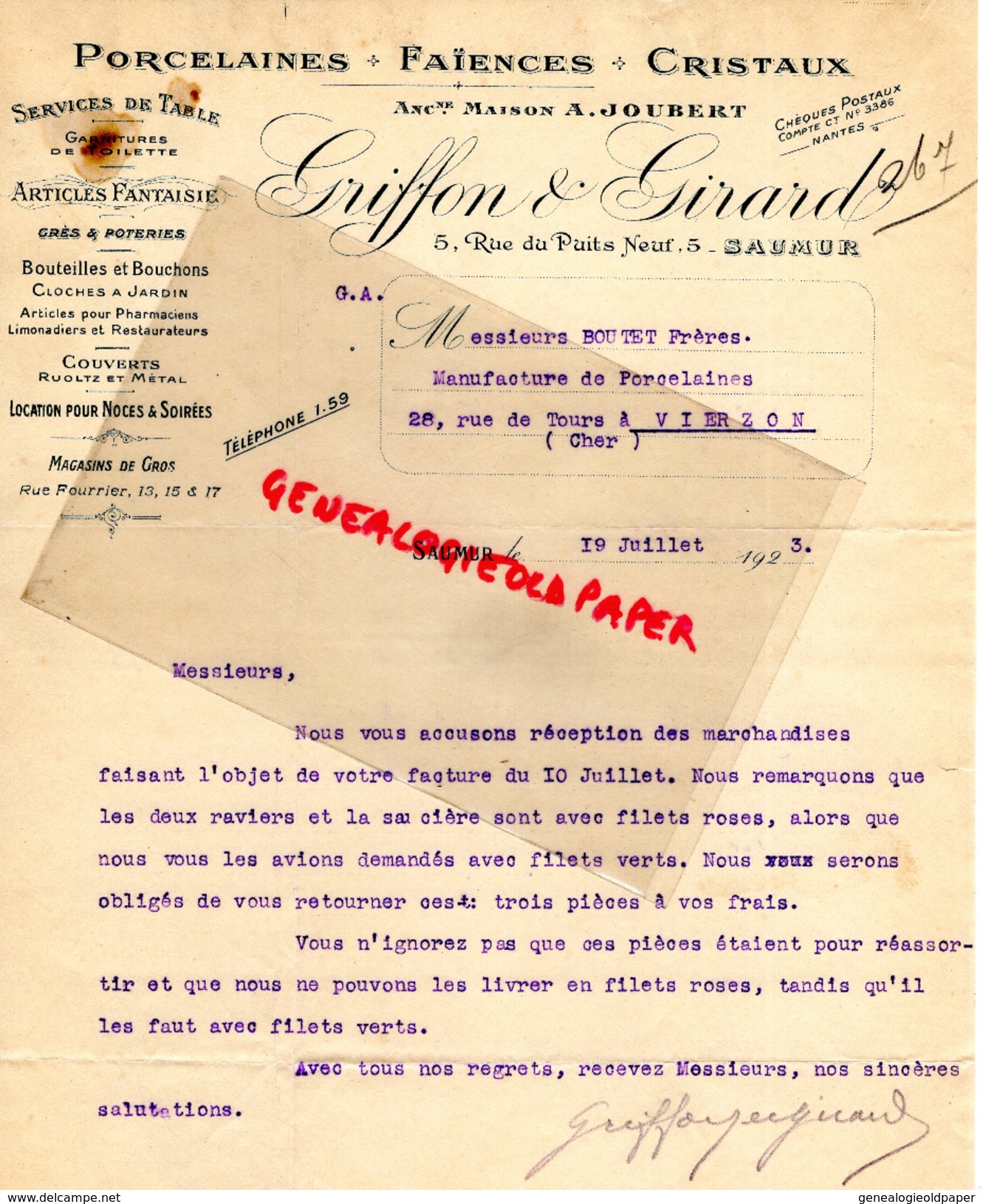 49 - SAUMUR- FACTURE GRIFFON & GIRARD- A. JOUBERT- 5 RUE DU PUITS NEUF- PORCELAINE-FAIENCES-CRISTAUX- 1923 - 1900 – 1949