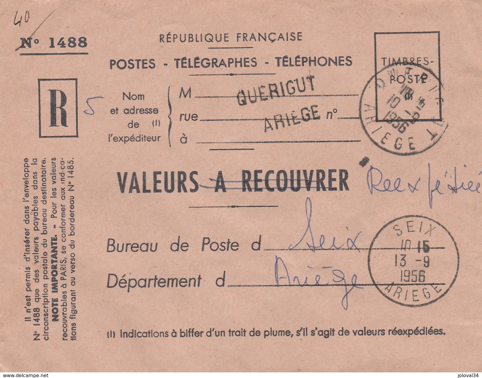 Griffe QUERIGUT ARIEGE Cachet à Date 10/9/1956 Sur Lettre Valeurs à Recouvrer Réexpédiées Pour Seix - Covers & Documents