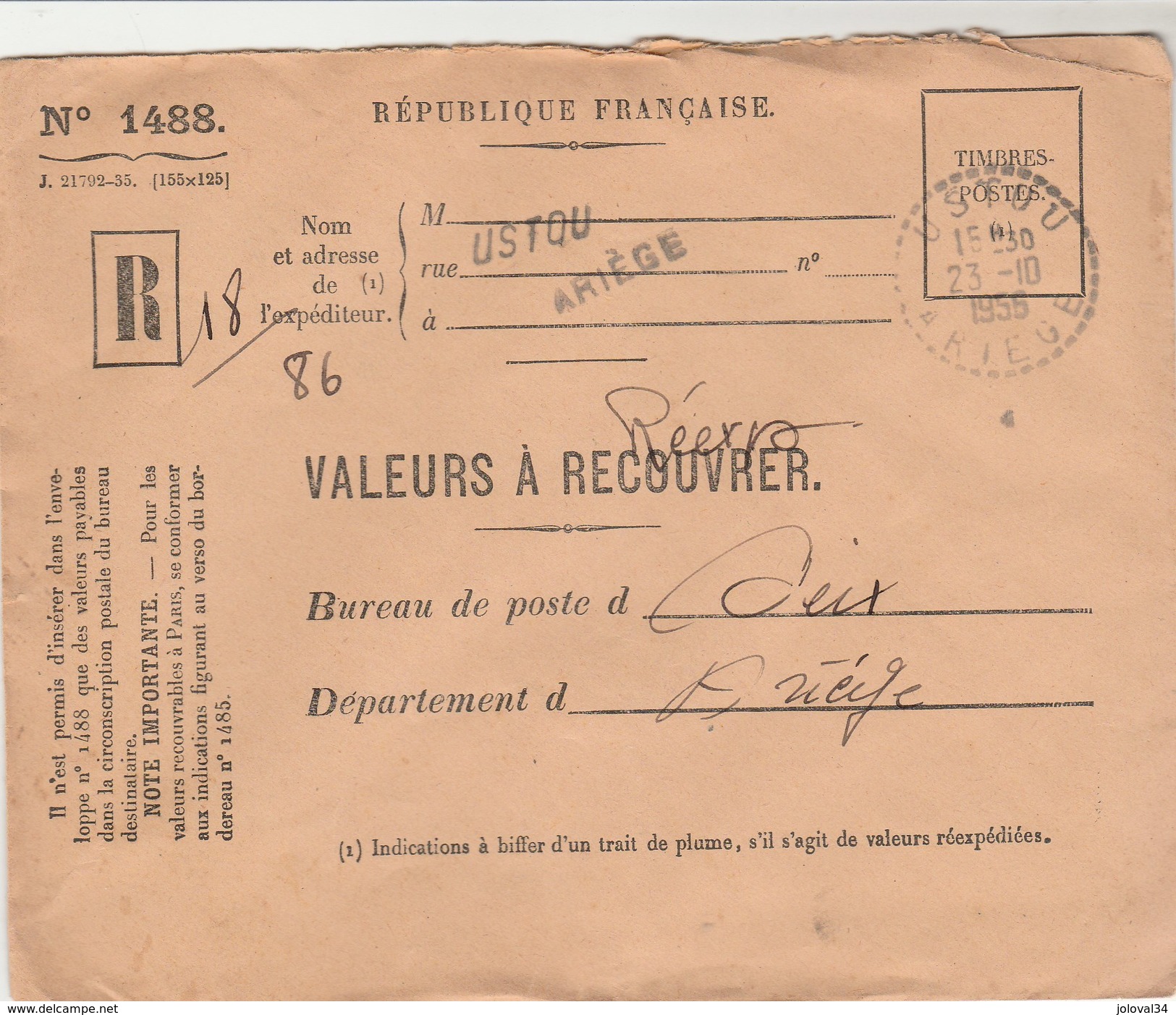 Griffe USTOU ARIEGE Cachet à Date Pointillé 23/10/1956 Sur Lettre Valeurs à Recouvrer Réexpédiées Pour Seix - Covers & Documents