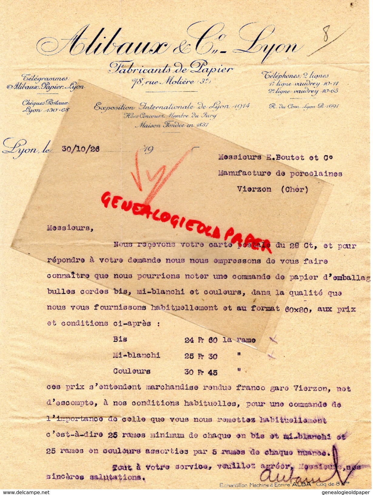 69 - LYON - FACTURE ALIBAUX & CIE -FABRICANT PAPIER -78 RUE MOLIERE-1926  IMPRIMERIE PAPETERIE - Drukkerij & Papieren