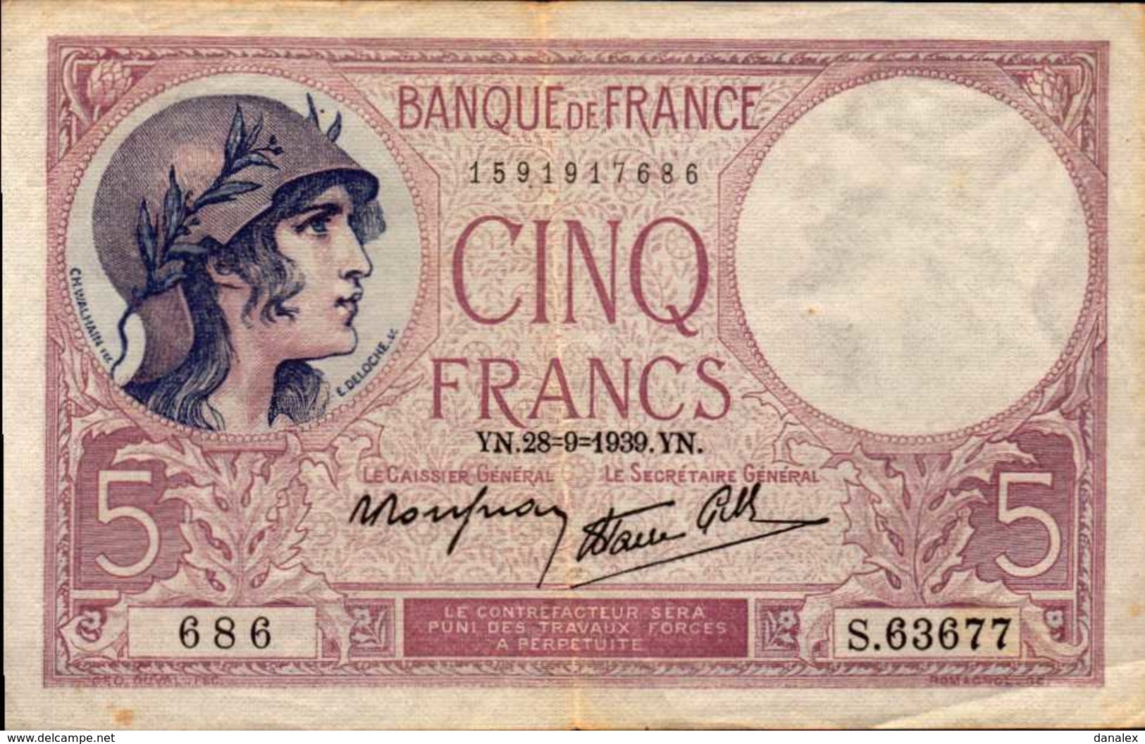 FRANCE 5 FRANCS Violet Du 28-9-1939  Pick 83  F 4/10  XF/SUP - 5 F 1917-1940 ''Violet''