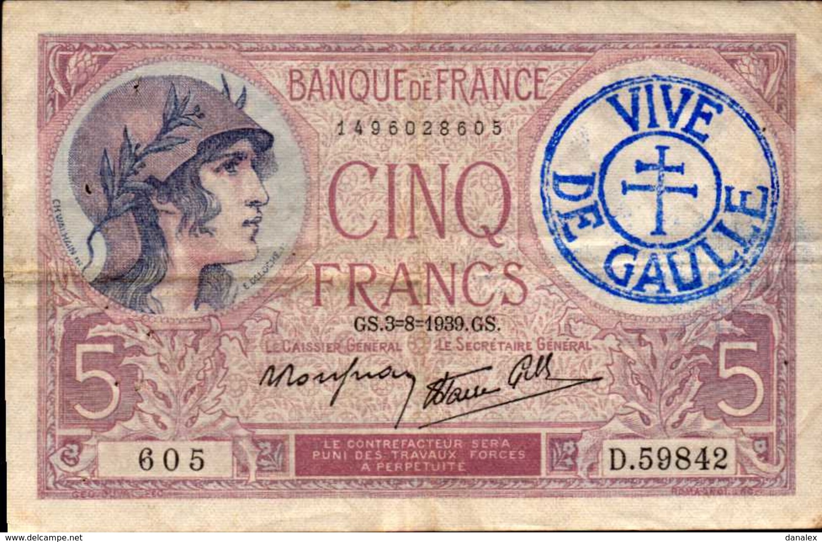 FRANCE 5 FRANCS Violet Du 3-8-1939  Pick 83  F 4/4 - 5 F 1917-1940 ''Violet''