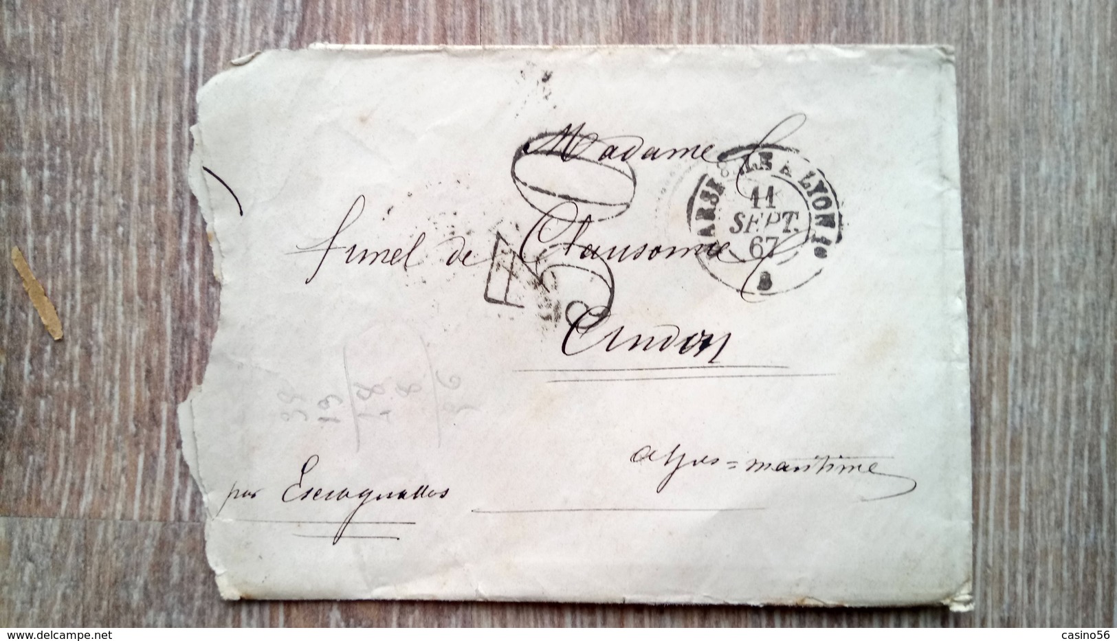 Lettre &#x2709; Courrier Paris Lyon 1867 Grasse Nice - Otros & Sin Clasificación