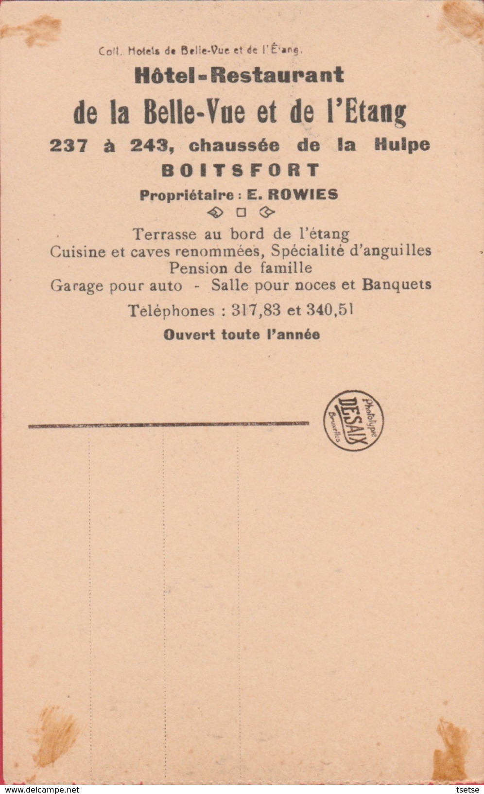 Boitsfort - Hôtel-Café-Restaurant De 'L'Etang  .... Bâtiment  - Prop. E. Rowies ( Voir Verso, Spécial ) - Watermael-Boitsfort - Watermaal-Bosvoorde