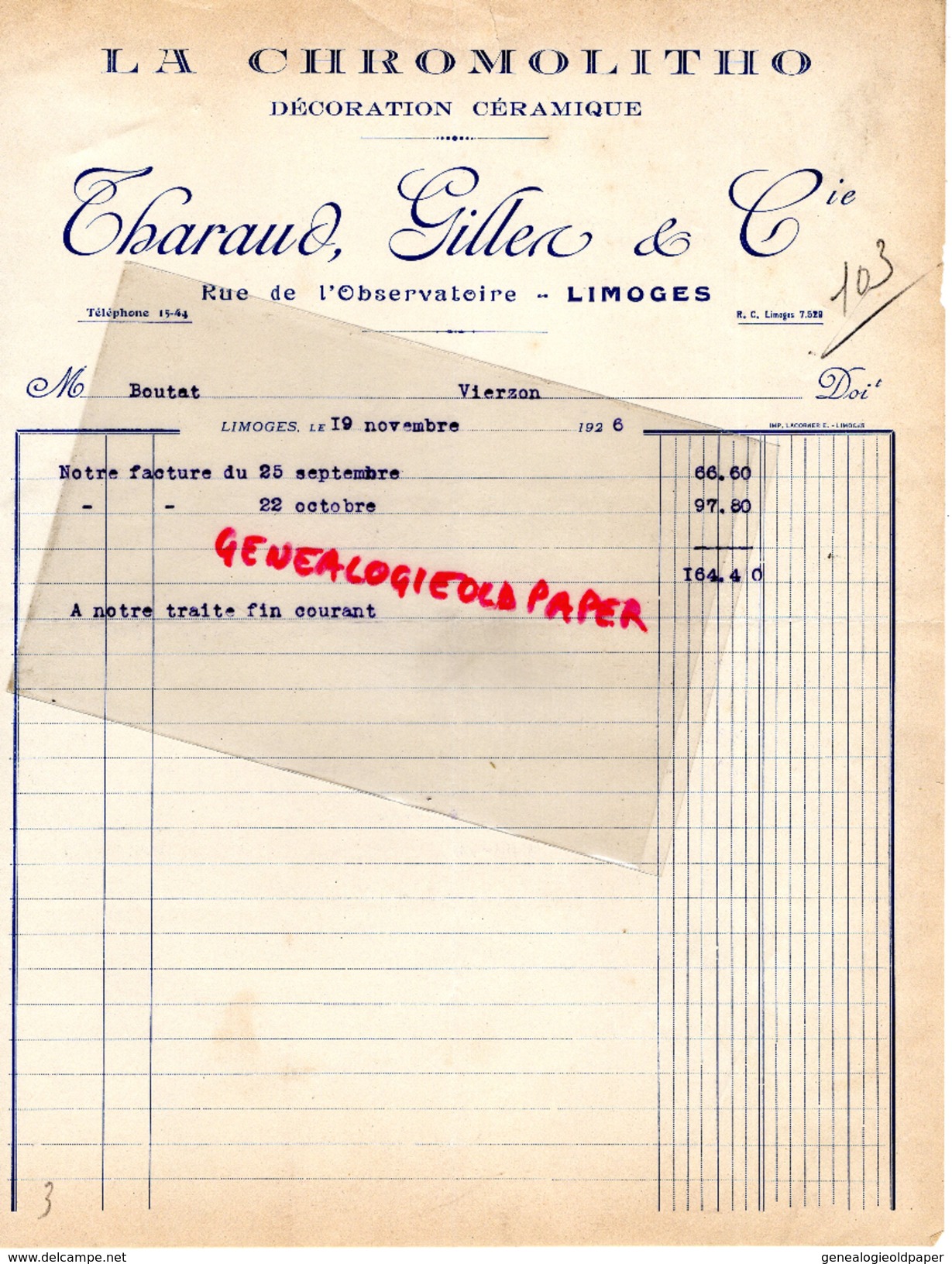 87 - LIMOGES - LA CHROMOLITHO - DECORATION CERAMIQUE PORCELAINE- GILLES THARAUD - RUE OBSERVATOIRE - 1926 - 1900 – 1949