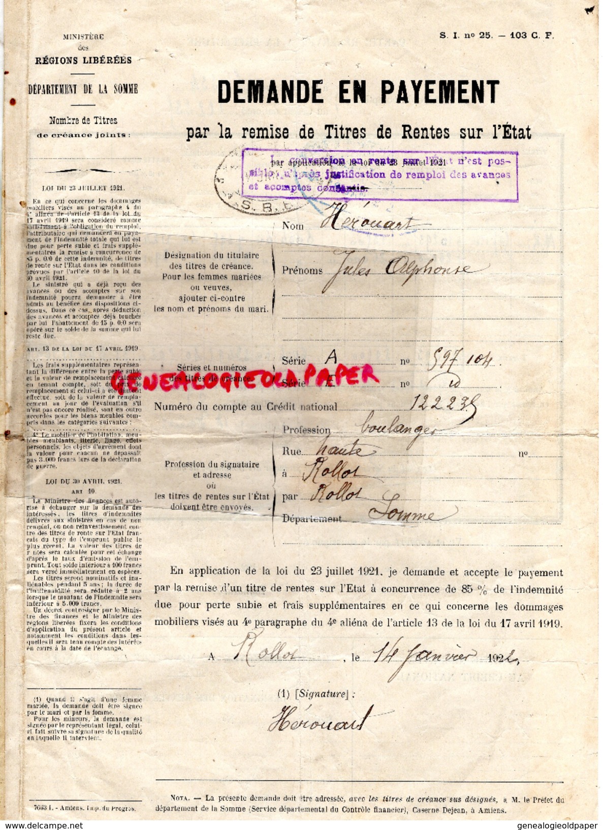 80- AMIENS- ROLLOT- HEROUART  JULES ALPHONSE-BOULANGER- DEMANDE PAYEMENT REMISE TITRES RENTES SUR L' ETAT- GUERRE 14-18 - Documents Historiques