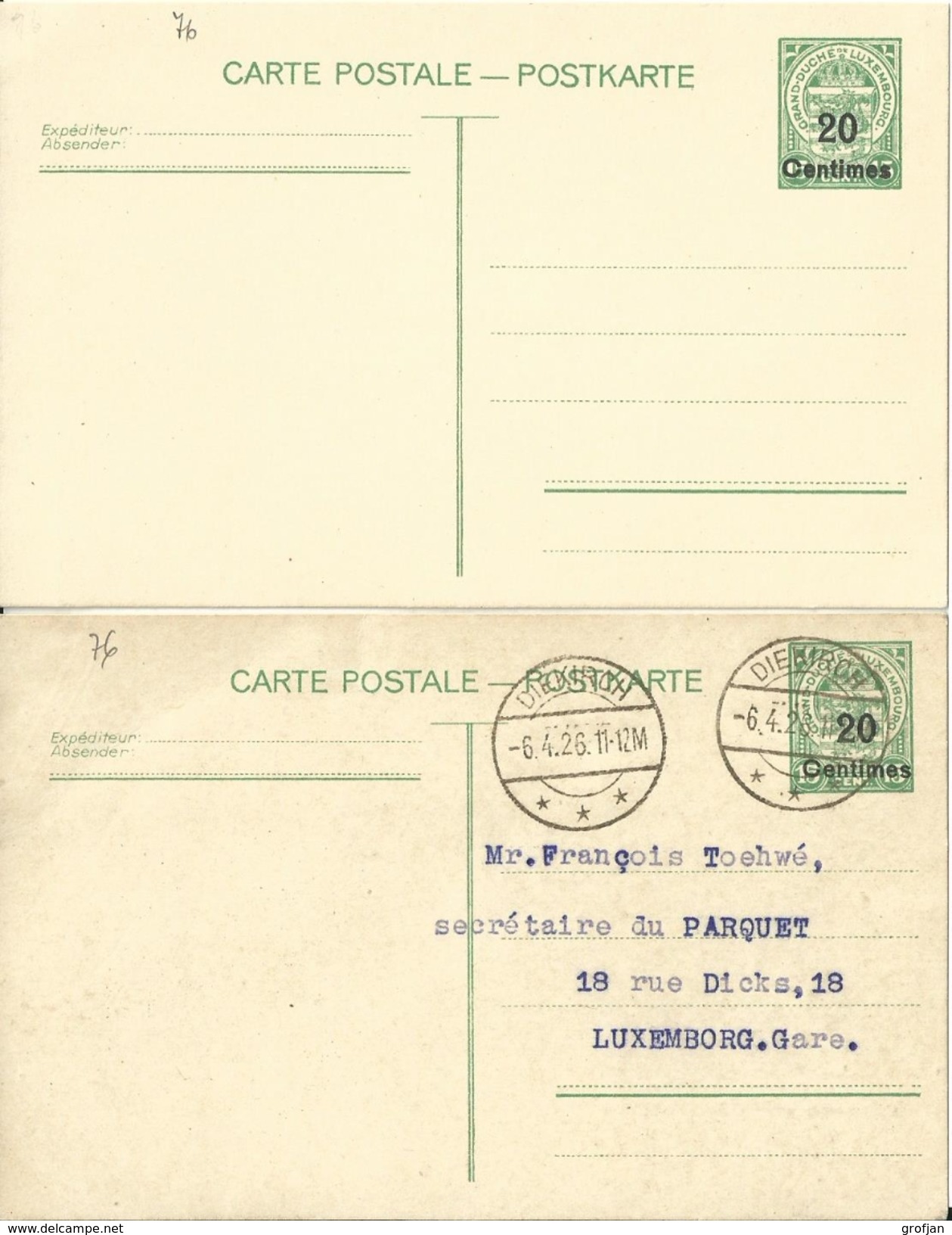 Carte Correspondance - Entier - Stationery - Korrespondenzkarte - 2 X No. 76 New + Oblitéré Diekirch à Luxembourg 1926 - Service